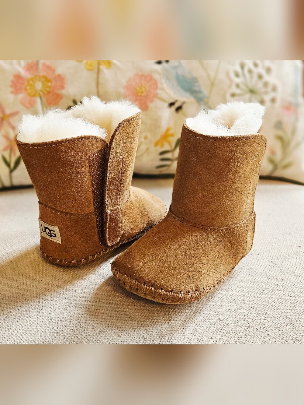 UGG Chestnut Suede Baby Booties with Shearling Trim Size 2/3